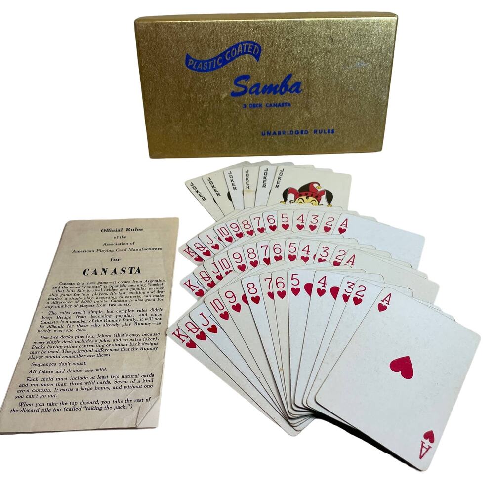 Samba Coated Playing Cards Three Deck Canasta Set Gold Box of Calif Plastic